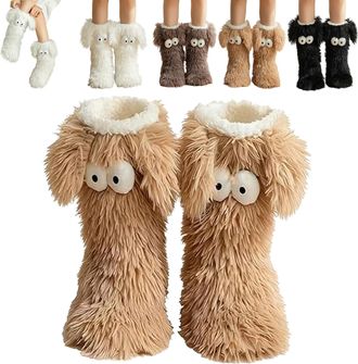 Generic Cozy Socks with Eyes, Winter Warm Fluffy Non-Slip Slipper Socks for Women and Girls, Cute Big Eyes Novelty Animal Design House Socks for Home Office, 