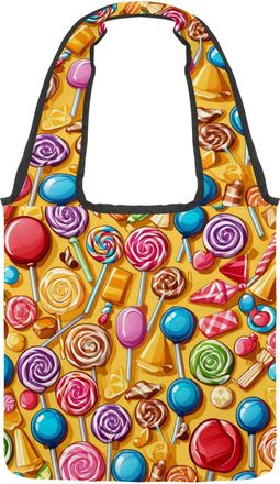 Generic Yellow Candy Pattern Reversible Canvas Shoulder Tote - Double-Sided Print, 12oz Cotton, 27cm Drop, Fold-Flat Bag for Travel, Shopping, Street Outings