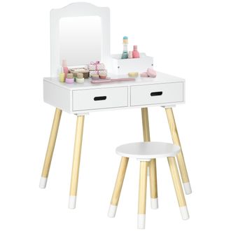 OEM Tocador De Madera Infantil Con Taburete Y Espejo Centro De Belleza Con 2 Cajones Para 3-6 A&ntilde;os 60x40x95cm Blanco