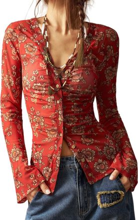 Generic Mesh Top Long Sleeve, Summer Fashion Vintage Floral Mesh V Neck Fitted Tops for Women Button Down Long Sleeve Shirts (Red,M)