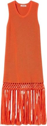 Twinset Gebreide Jurk met Franjes - Dames - Casual kleedjes - Rood - S - Katoen - Kleedjes
