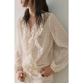 Mango Ruffle Detail Embroidered Top in Ecru at Nordstrom, Size 8