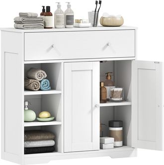 HOMCOM Homcom Armario De Ba&ntilde;o Estrecho, Mueble Auxiliar De Ba&ntilde;o Con Caj&oacute;n, 2 Puertas Y 3 Estantes Abiertos, 80x30x80,2 Cm, Para Cocina, Sal&oacute;n, Blanco Veteado