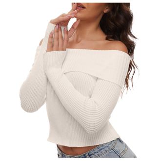 Generic Womens Off The Shoulder Jumper Long Sleeve Sweaters Ribbed Fold Over Slim Fit Pullover Tops