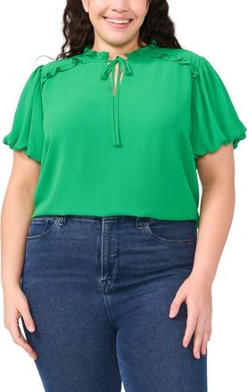 CeCe by Cynthia Steffe Ruffle Tie Neck Puff Sleeve Top in Medium Green at Nordstrom, Size 2 X