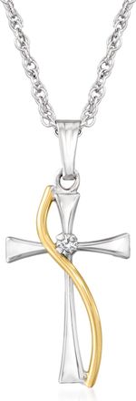 Ross-Simons Sterling Silver and 14kt Yellow Gold Cross Pendant Necklace With Diamond Accent