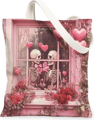 Generic Stained Glass Valentines Day Canvas Tote Bag for Shopping 13x15, Rose Skeleton Skull Couple Reusable Grocery Print Bag for Women, Love Lover Beach Aes