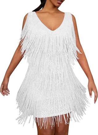 Generic 20s Dress Womens Gatsby 1920s Dresses Fringe Dress Green Gold Flapper Dress Short Charleston Costume Sequin Dress V Neck Fancy Dress Fringe Carnival, 