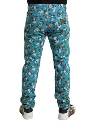 Dolce & Gabbana Mens Blue Floral Print Skinny Cotton Denim Pants