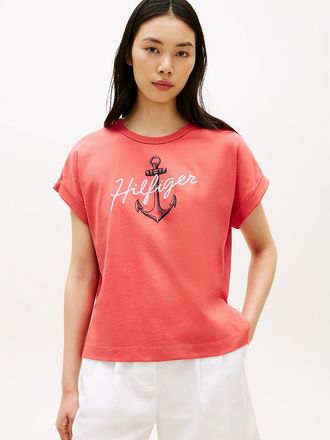Tommy Hilfiger Womens Hilfiger Anchor Logo Dolman T-Shirt - Red - XXL