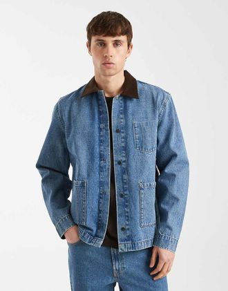 Redefined Rebel Wallace - Giacca multitasche in denim blu medio con colletto a contrasto