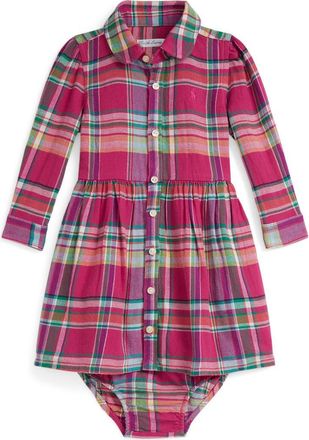 Ralph Lauren Cotton Plaid Shirtdress & Bloomers Set in Pink-Purple-Green Multi at Nordstrom, Size 12M
