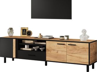 STILVORA Mueble Tv Con 3 Puertas, 1 Caj&oacute;n Y 2 Huecos, Para Sal&oacute;n, De Tablero De Part&iacute;culas, Negro Y Madera, 180&times;32.5&times;50 Cm