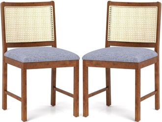 Costway Costway - Rattan Dining Chair Set of 2 Wooden Upholstered Kitchen Chairs-Brown