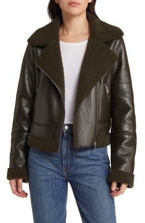 Vigoss Faux Shearling Moto Jacket in Olive at Nordstrom Rack, Size X-Large