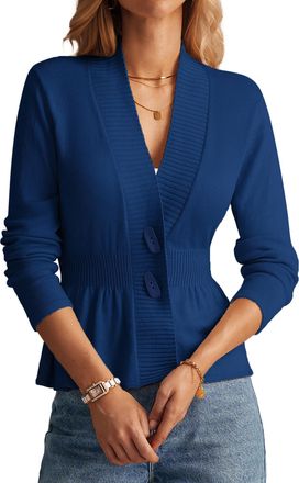Grace Karin Women Cardigan Sweaters 2025 Fall,Long Sleeve Cropped Sweater Coat Trendy,Button Front Peplum Tops Lightweight, Royal Blue, L