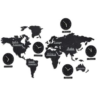 Relaxdays Relaxdays - Mapa Mundo Madera Con 5 Relojes, 10 Nombres De Ciudades, Mapamundi 3d, Con Plantilla, 61x113 Cm, Negro