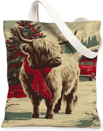 Generic Winter Highland Cow Canvas Tote Bags, Rustic Animal Design Reusable Grocery Bags, Vintage Lightweight Washable Canvas for T, Red, 13x15 Inch