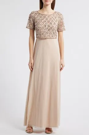 Pisarro Nights Beaded Mesh Mock Two-Piece Evening Dress in New Peach at Nordstrom Rack, Size 6