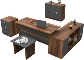 Dmora Set da ufficio Nari, Composizione da studio, Kit ufficio, Set scrivania e cassettiera, Noce e Antracite - Dmora