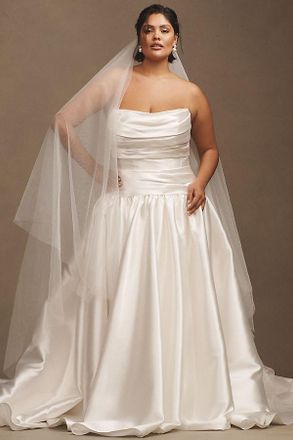 Watters Leighton Mikado Strapless Drop-Waist Draped Ball-Skirt Wedding Gown