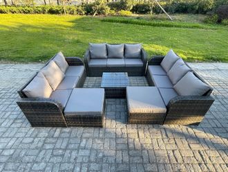 Fimous 11 Seater Outdoor Rattan Garden Furniture Set Conservatory Patio Sofa Coffee Table With 2 Big Footstool Dark Grey Mixed