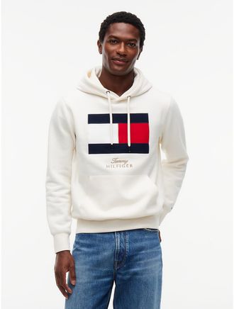 Tommy Hilfiger Mens Embroidered Flag Logo Fleece Hoodie - Ivory Petal - XXL