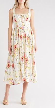 Avec Les Filles Bustier Linen Blend Midi Sundress in Ivory Flower Press at Nordstrom Rack, Size 10