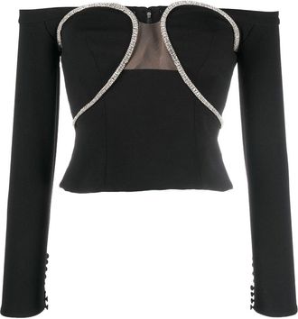 Self Portrait crystal-embellished cut-out top - women - Polyester/Polyamide/Polyester - 6 - Black