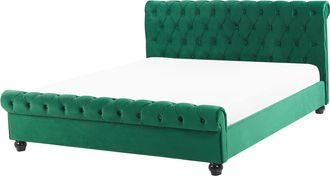 Beliani Cama Doble Tapizada En Terciopelo Verde 160 X 200 Cm Con Cabecero Acolchado Estilo Glam Avallon