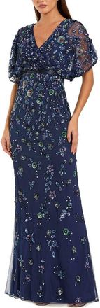 Mac Duggal Floral Embellished Short Sleeve Blouson Gown in Navy at Nordstrom, Size 14