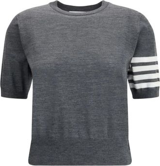 Thom Browne Gebreid T-shirt met iconische banden - Dames - Ronde hals truien - Grijs - XS - Wol - Truien & Vesten