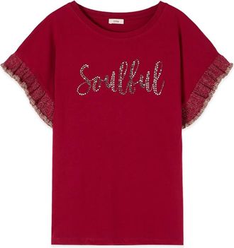 Oltre Katoenen T-shirt met Kristallen en Ruffles - Dames - T-shirts - Rood - S - Katoen - Tops