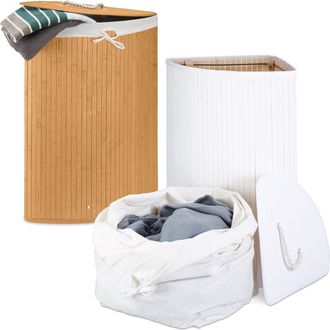 Relaxdays Juego De 2 Cestos De Esquina Para Ropa Sucia, Organizador De Bamb&uacute; Con Bolsa Extra&iacute;ble, 64 L C/u, Natural/blanco