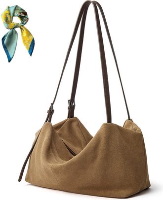 Generic Suede Slouchy Shoulder Bag for Women,Top Handle Fall Purse Crossbody Bags,Brown Retro Trendy Tote Satchel Work Travel (Light brown)