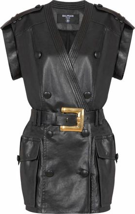 Balmain Lamsleren korte jurk met riem - Dames - Korte kleedjes - Zwart - M - Leer - Kleedjes