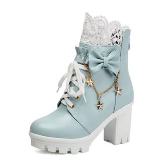Generic Womens Platform Round Toe Elegant Lace Ankle Combat Boots Sweet Cute Bow Lolita Shoes with Back Zipper (Blue,7.5)