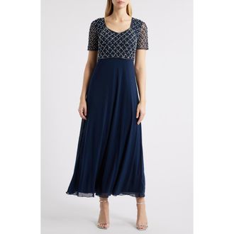 Pisarro Nights Faux Pearl Bodice Gown in Navy 410 at Nordstrom Rack