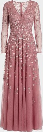 Mac Duggal Floral-Embellished Long-Sleeve A-Line Gown