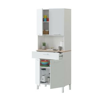 Dmora Armario Multiusos Dbakke, Mueble Auxiliar De Cocina, Aparador Con 4 Puertas Y 1 Caj&oacute;n Con Baldas, Armario Abierto, 72x40h186 Cm, Blanco Y Roble - Dmor