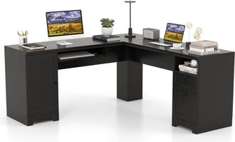 Costway Costway Escritorio Esquinero Grande 168x168 Cm, Escritorio En L Con Cajones, Bandeja Para Teclado, Mesa En L Con Estante Ajustable Oficina Casa (negro