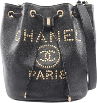 Chanel Pre-owned Deauville Schoudertas van generfd kalfsleer - Dames - Vintage Tas - Zwart - ONE Size - Leer - Vintage
