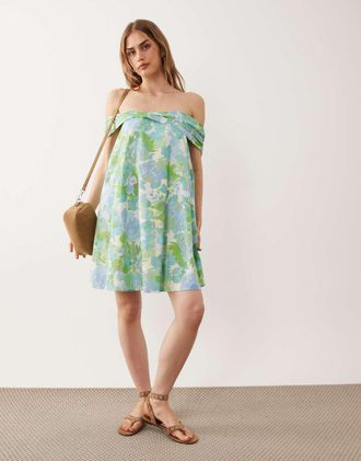 Asos Vestito corto a fascia verde a fiori con spalle scoperte-Multi