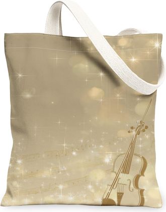 Generic Elegant Musical Instrument Canvas Tote Bags, Vintage Music Notes Pattern Reusable Grocery Bags, Lightweight Washable Should, Beige, 13x15 Inch