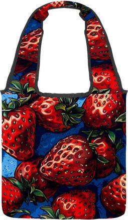 Generic Red Hand-painted Strawberry Reversible Canvas Shoulder Tote - Double-Sided Print, 12oz Cotton, 27cm Drop, Fold-Flat Bag for Travel, Shopping, Street O