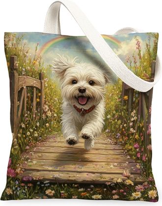 Generic Spring Maltese Dog Canvas Tote Bag for Shopping 13x15, Country Garden Puppy Reusable Grocery Print Pattern Bag for Women, Fun Flower Pet Beach Aesthet