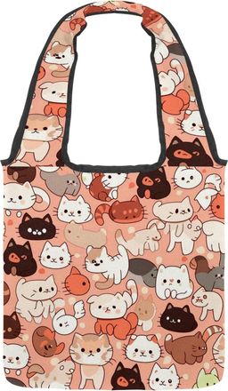 Generic Cute Cartoon Kitten Reversible Canvas Shoulder Tote - Double-Sided Print, 12oz Cotton, 27cm Drop, Fold-Flat Bag for Travel, Shopping, Street Outings