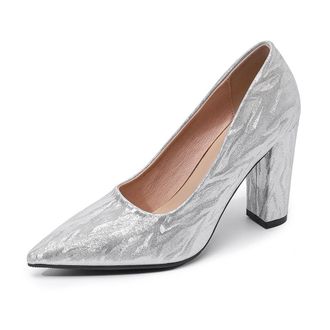 Generic Womens Shiny Blooming Pattern Closed Pointed Toe High Block Heel Pumps Elegant Party Wedding Shoes Slip On (5.5,Silver)