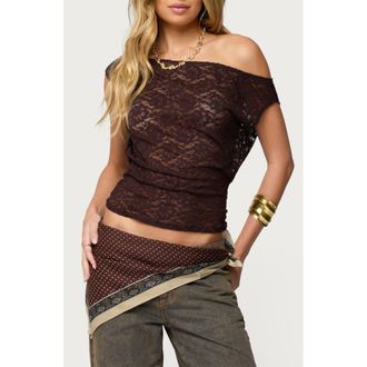 Edikted Kessa Lace One-Shoulder Top in Brown at Nordstrom, Size X-Small