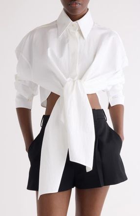 Givenchy High Low Tie Front Poplin Button-Up Shirt in White at Nordstrom, Size 12 Us